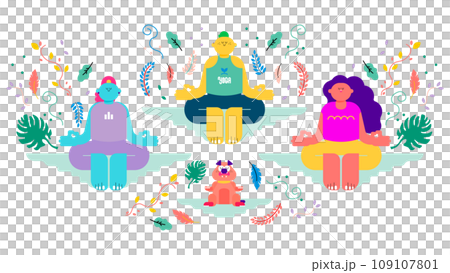 Men, women, and their pet dogs doing yoga to unify their minds and relax 109107801
