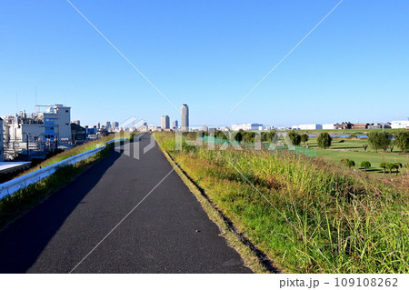 鹿浜橋際の荒川土手上から見る川口市のタワーマンション群 鹿浜橋際の荒川土手上から見る川口市のタワーマンション群 109108262