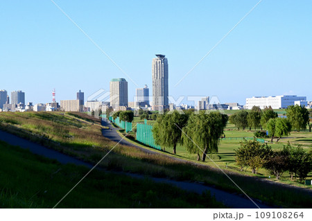 鹿浜橋際の荒川土手上から見る川口市のタワーマンション群 109108264