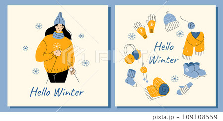 2 winter greeting cards, with a woman skiing with poles, and a round frame of knitted warm clothes. 109108559