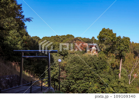 紅葉で色づきはじめた山寺 109109340