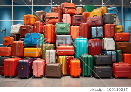 Stylish suitcases packed for travel on white background. Summer vacation 109110017
