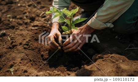 Planting young tree by hand on back soil as care and save wold concept 109110172