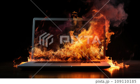 Burning laptop and keyboard, equipment fire due to faulty battery and wiring. Laptop Computer setting the world on fire. 109110185