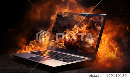 Burning laptop and keyboard, equipment fire due to faulty battery and wiring. Laptop Computer setting the world on fire. 109110186