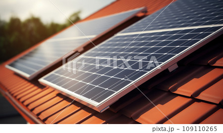 Photovoltaic panels on the roof . Roof Of Solar Panels. View of solar panels (solar cell) in the roof house with sunlight 109110265