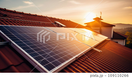 Photovoltaic panels on the roof . Roof Of Solar Panels. View of solar panels (solar cell) in the roof house with sunlight 109110266
