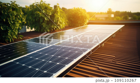 Photovoltaic panels on the roof . Roof Of Solar Panels. View of solar panels (solar cell) in the roof house with sunlight 109110267