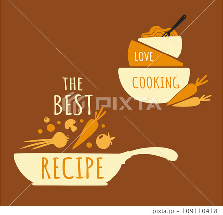 Cook logo. Restaurant kitchen chef emblem. Dinner best recipe. Love cooking badge. Vegetables in frying pan. Food preparing. Gourmet silhouette sticker. Vector culinary label design Cook logo. Restaurant kitchen chef emblem. Dinner best recipe. Love cooking badge. Vegetables in frying pan. Food preparing. Gourmet silhouette sticker. Vector culinary label design 109110418