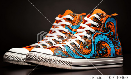 Colorful hand painted and decorated shoe, modern footwear fashion 109110460