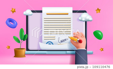 3D document. Contract signature. Hand signing on laptop or paper. Law license in computer. Arm writes with pencil. Online agreement. Approval sign. Vector render digital certificate 109110476