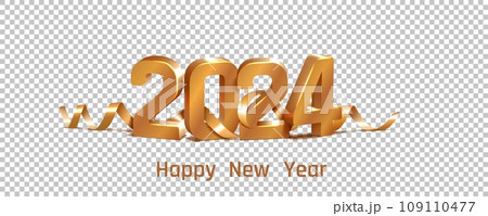 2024 happy New Year. 3D gold numbers. Greeting card element. Golden ribbon confetti on transparent background. Winter holiday. December celebration. Vector isolated letters font design 109110477