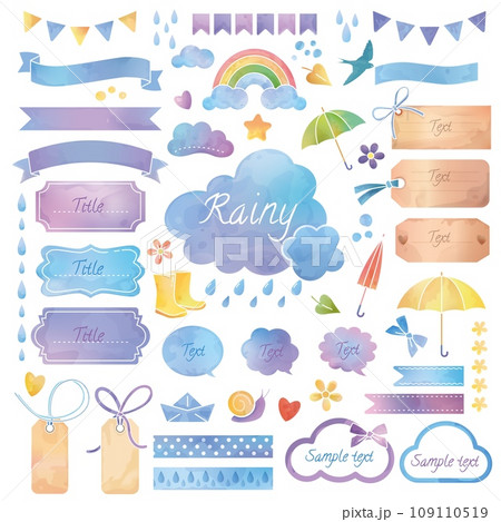 Watercolor borders. Rain season memo notepad elements. Seasonal flowers. Summer icons. Rainbow with clouds. Scrapbook frames and ribbons. Paint drawing. Vector illustrated stickers set 109110519