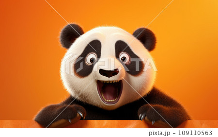 Portrait of a Panda showing his teeth. Open mouth. Orange background Portrait of a Panda showing his teeth. Open mouth. Orange background 109110563