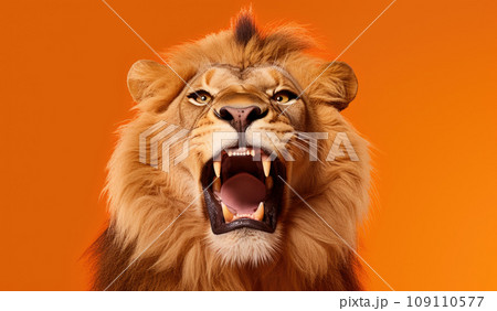Portrait of a Lion showing his teeth. Open mouth. Orange background 109110577