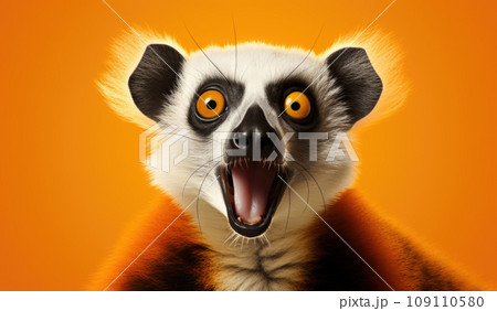 Studio Portrait of Funny and Excited Lemur on Orange Background with Shocked or Surprised Expression and Open Mouth 109110580