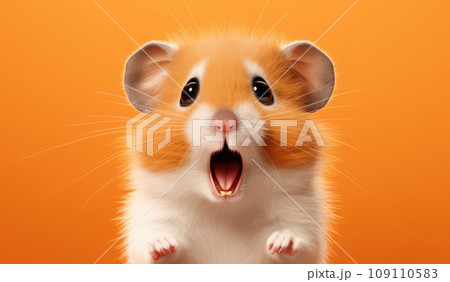 Studio Portrait of Funny and Excited Hamster on Orange Background with Shocked or Surprised Expression and Open Mouth 109110583