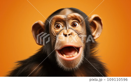 Portrait of a Chimpanzee showing his teeth. Open mouth. Orange background 109110596