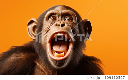 Portrait of a Chimpanzee showing his teeth. Open mouth. Orange background Portrait of a Chimpanzee showing his teeth. Open mouth. Orange background 109110597