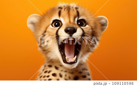 Portrait of a Cheetah showing his teeth. Open mouth. Orange background Portrait of a Cheetah showing his teeth. Open mouth. Orange background 109110598
