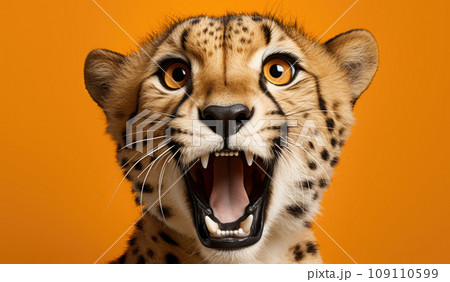Portrait of a Cheetah showing his teeth. Open mouth. Orange background Portrait of a Cheetah showing his teeth. Open mouth. Orange background 109110599