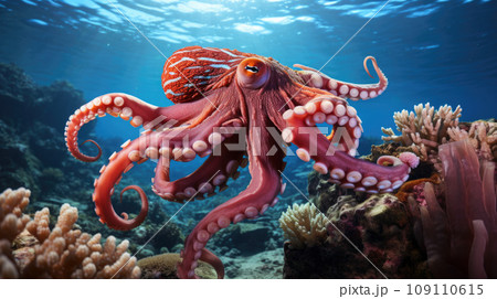 Magnificent octopus among the underwater picturesque landscape with marine life 109110615