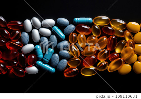 Background filled with various medical pills and health capsules 109110631