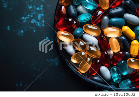 Background filled with various medical pills and health capsules 109110632