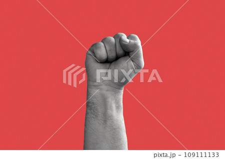 Black and White Man Hand with Raised Fist isolated on Red Background. Male Clenched Closed Fist. Revolution, Teamwork Power, Competition Concept. Hand Raised Up. Human Equal Rights, Freedom, Election 109111133