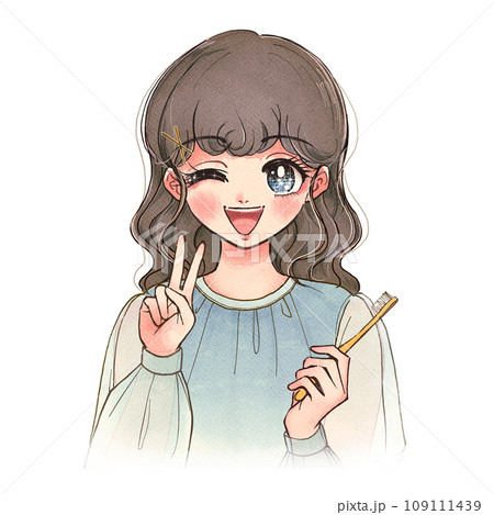歯ブラシを持ってピースサインをする少女漫画風の美少女 109111439