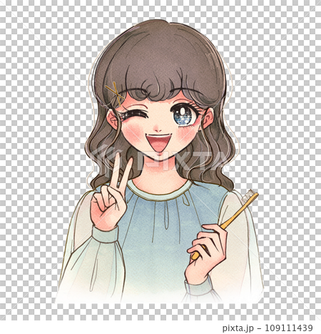歯ブラシを持ってピースサインをする少女漫画風の美少女 109111439