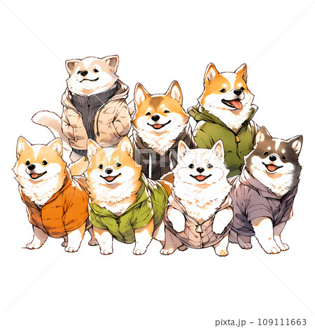 服を着たたくさんの犬 109111663