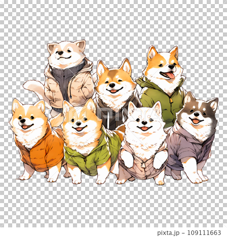 服を着たたくさんの犬 109111663