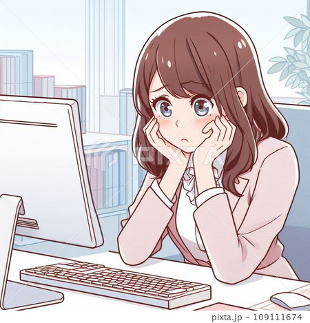 オフィスでPCに向かい両手で頬杖をつき困り顔をする女性社員 オフィスでPCに向かい両手で頬杖をつき困り顔をする女性社員 109111674