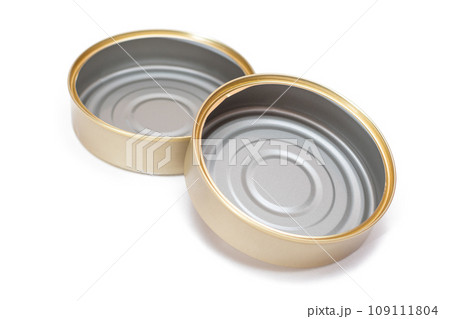 Two Opened Empty Tin Cans Isolated on White Background 109111804