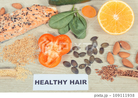 Nutritious products or ingredients containing vitamins and minerals for healthy and lush hair Nutritious products or ingredients containing vitamins and minerals for healthy and lush hair 109111938