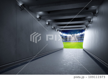 Tunnel in stadium with green football field Tunnel in stadium with green football field 109111973