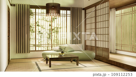 Wooden Arm chair and partition japanese on room tropical interior.3d rendering Wooden Arm chair and partition japanese on room tropical interior.3d rendering 109112253