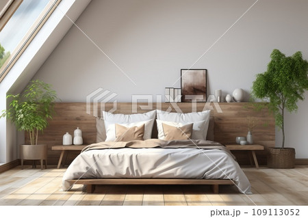 A white bedroom with notes of brown color, a minimal amount of furniture and a stylish design for the room. 109113052