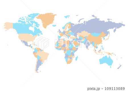 Dotted Political World Map - pixel mosaic of rounded squares. Four color scheme in blue and orange. Vector illustration Dotted Political World Map - pixel mosaic of rounded squares. Four color scheme in blue and orange. Vector illustration 109113089