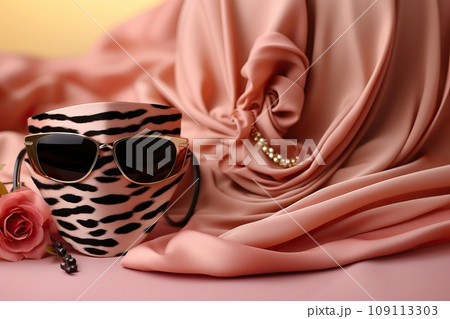 Sunglasses on a stand, next to a rose and pink satin fabric. 109113303