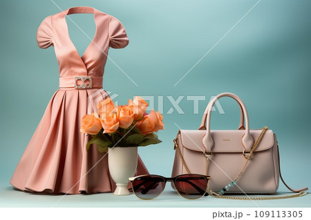 Glasses and a pink dress with a bag on a blue-gray background. 109113305