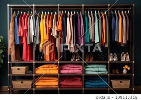 Women's colored clothes hang neatly by color on hangers in the dressing room. 109113318