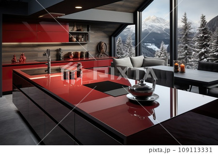 The kitchen is red, the furniture in the kitchen is red with a glossy coating. 109113331