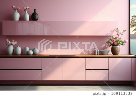 Kitchen-studio in pink and gray colors, example and design for the kitchen. Kitchen-studio in pink and gray colors, example and design for the kitchen. 109113338