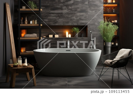 A bathroom in gray tones, a romantic bathroom with a chair, shelves and toiletries. 109113455