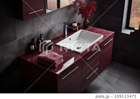 A bathroom with a washbasin and a red vanity unit, gray walls and floor. A bathroom with a washbasin and a red vanity unit, gray walls and floor. 109113475