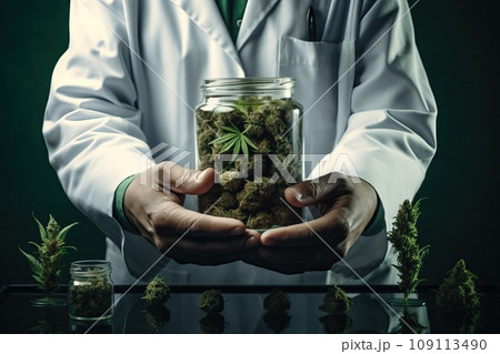 The laboratory doctor holds a glass jar of marijuana in his hands. The laboratory doctor holds a glass jar of marijuana in his hands. 109113490