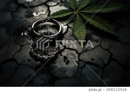 Marijuana leaf on black and cracked burnt earth. Marijuana leaf on black and cracked burnt earth. 109113526