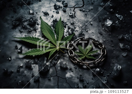 Marijuana leaf on black and cracked burnt earth. Marijuana leaf on black and cracked burnt earth. 109113527